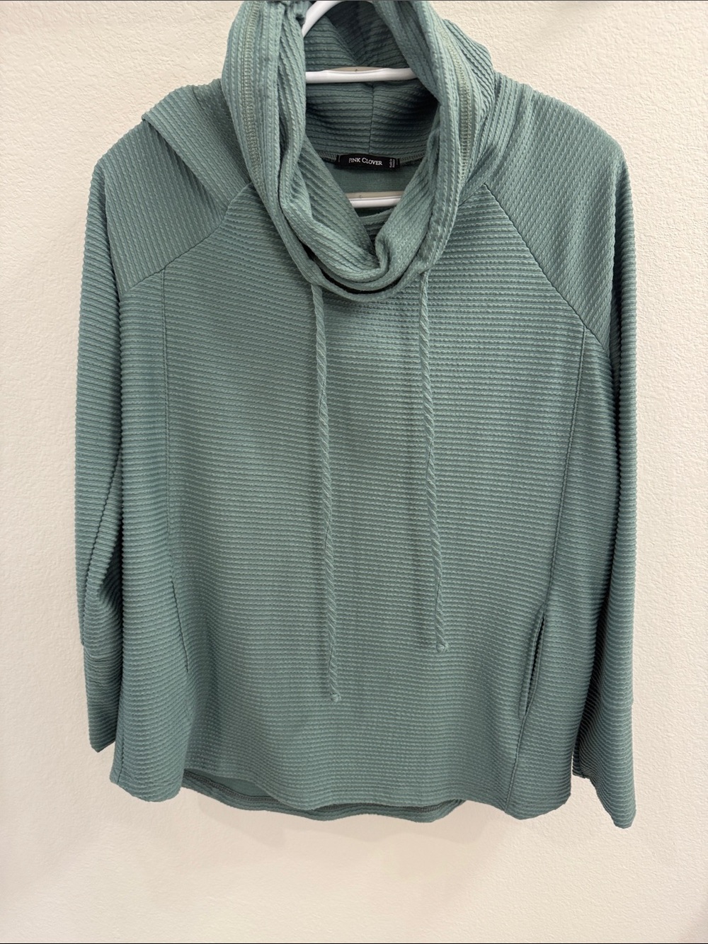 Pink Clover Textured Cowl Neck Hoodie in Sage